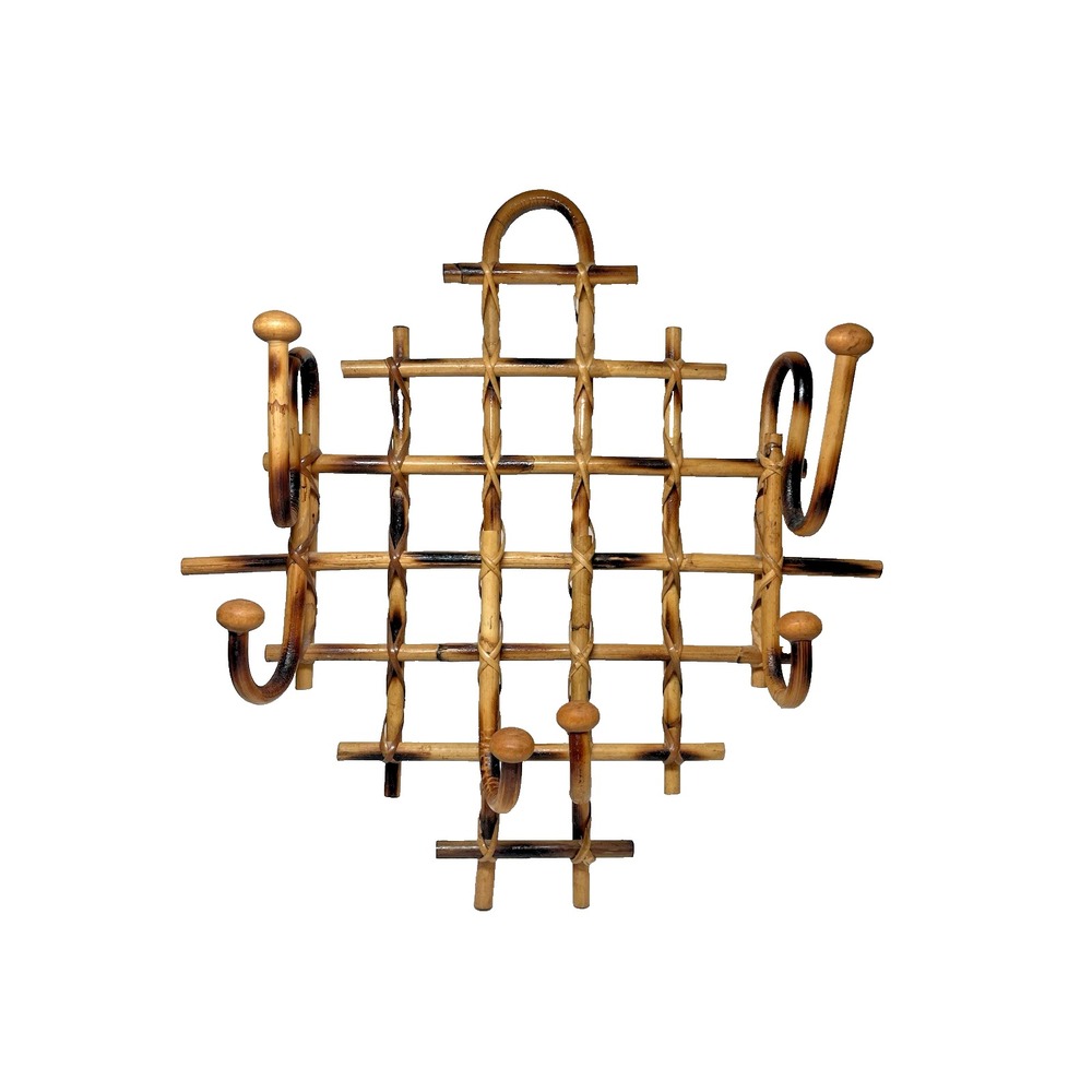 Vtg Bamboo Rattan Wall Hook Hat Coat Rack Burnt Blonde 6 Hooks BOHO 70s RETRO